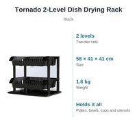 Tornado 2-level dish drying rack in black: 2 levels, 58 × 41 × 41 cm, 1.6 kg, holds plates, bowls, cups and utensils