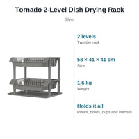 Tornado 2-level dish drying rack in silver: 2 levels, 58 × 41 × 41 cm, 1.6 kg, holds plates, bowls, cups and utensils