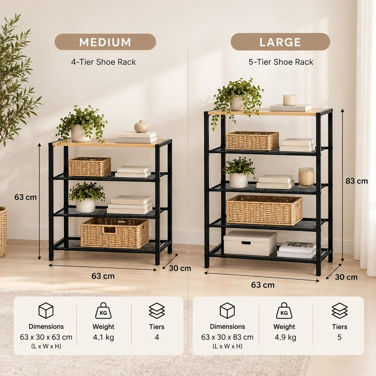 Urban shoe rack specifications: 4-tier MC-9206 63 x 30 x 63 cm, 4.1 kg; 5-tier MC-9207 63 x 30 x 83 cm, 4.9 kg
