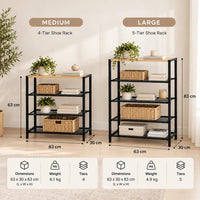 Urban shoe rack specifications: 4-tier MC-9206 63 x 30 x 63 cm, 4.1 kg; 5-tier MC-9207 63 x 30 x 83 cm, 4.9 kg