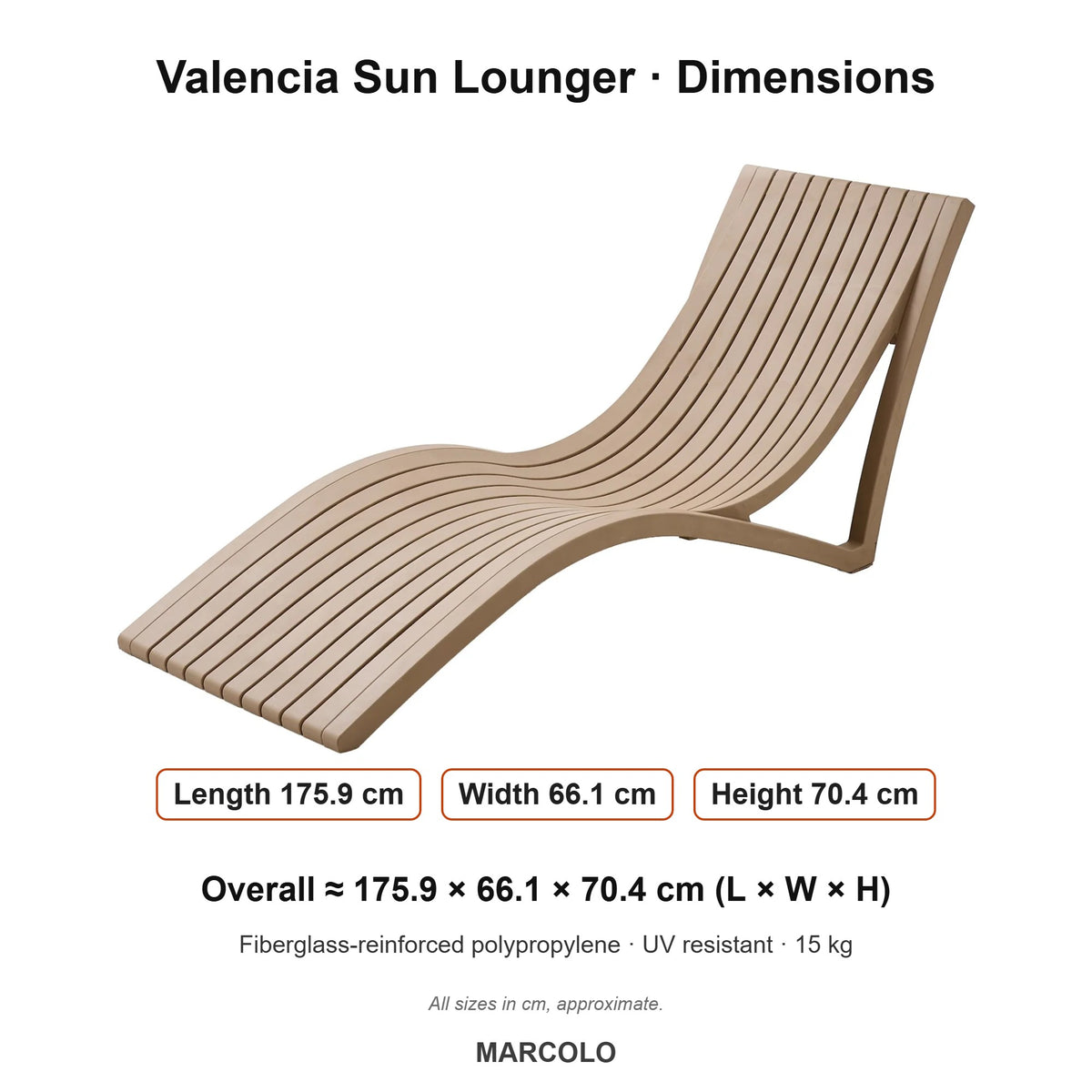 Valencia Outdoor Sun Lounger – dimensions (Beige)