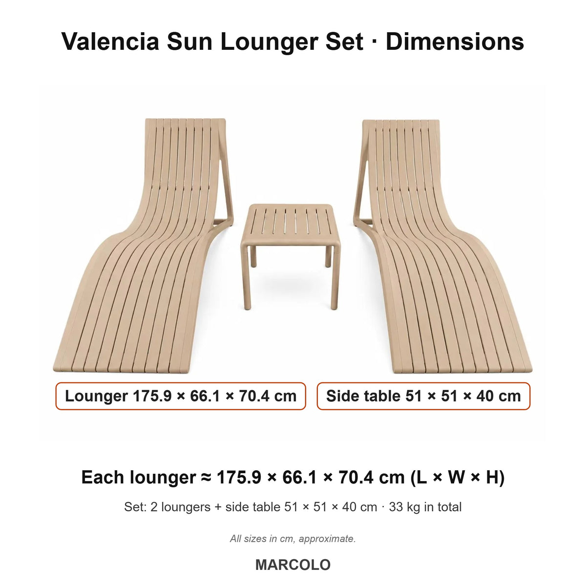 Valencia Sun Lounger Set – dimensions (Beige)