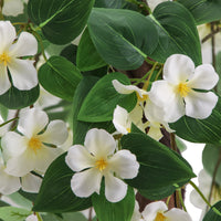 White artificial crabapple flowers with green leaves.