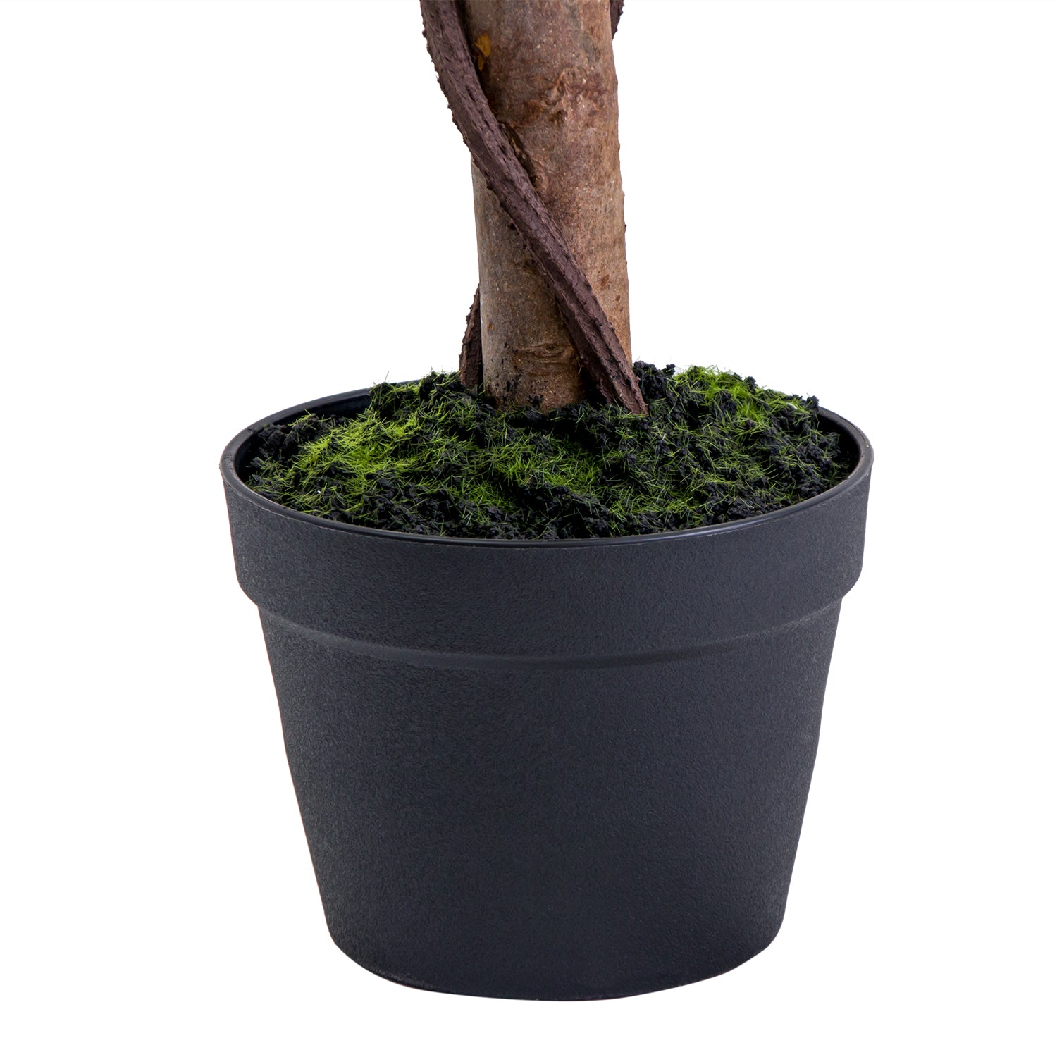 Close-up of a black Marcolo pot with artificial tree moss.